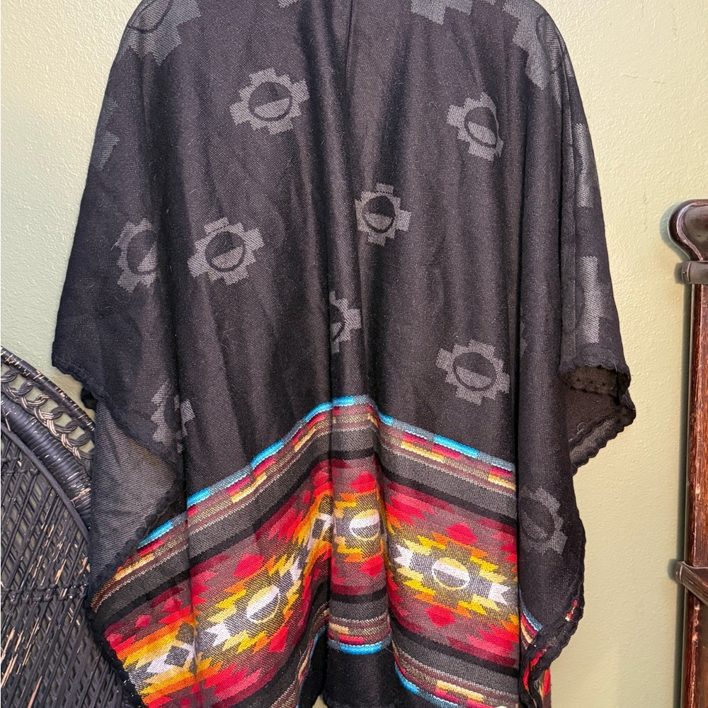 Black Poncho with Colorful Pattern - Picture 2 of 4